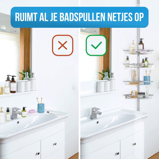 Strex Telescopisch Doucherek RVS - Verstelbaar 70-275 cm - 4 Mandjes - Robuuste Kwaliteit - Bevestigen zonder Boren of Schroeven - Telescopisch Douche Rek Hoek