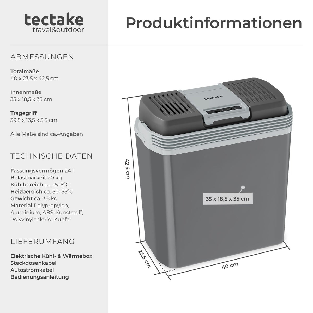 tectake Elektrische Koelbox - 24L - Grijs
