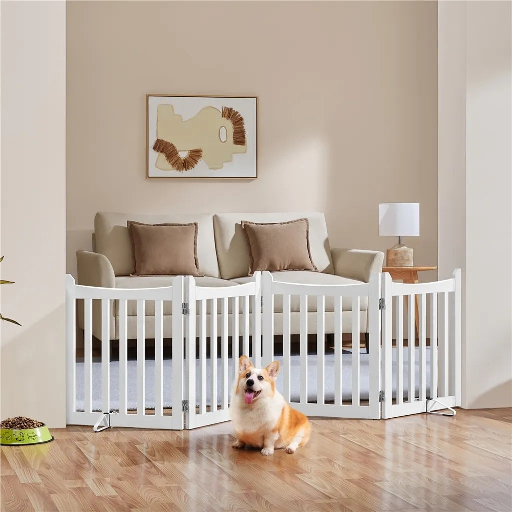 Yaheetech Hondenhek Opvouwbaar 204,5 x 60,5 cm - Wit - Houten Veiligheidshek met 4 Panelen