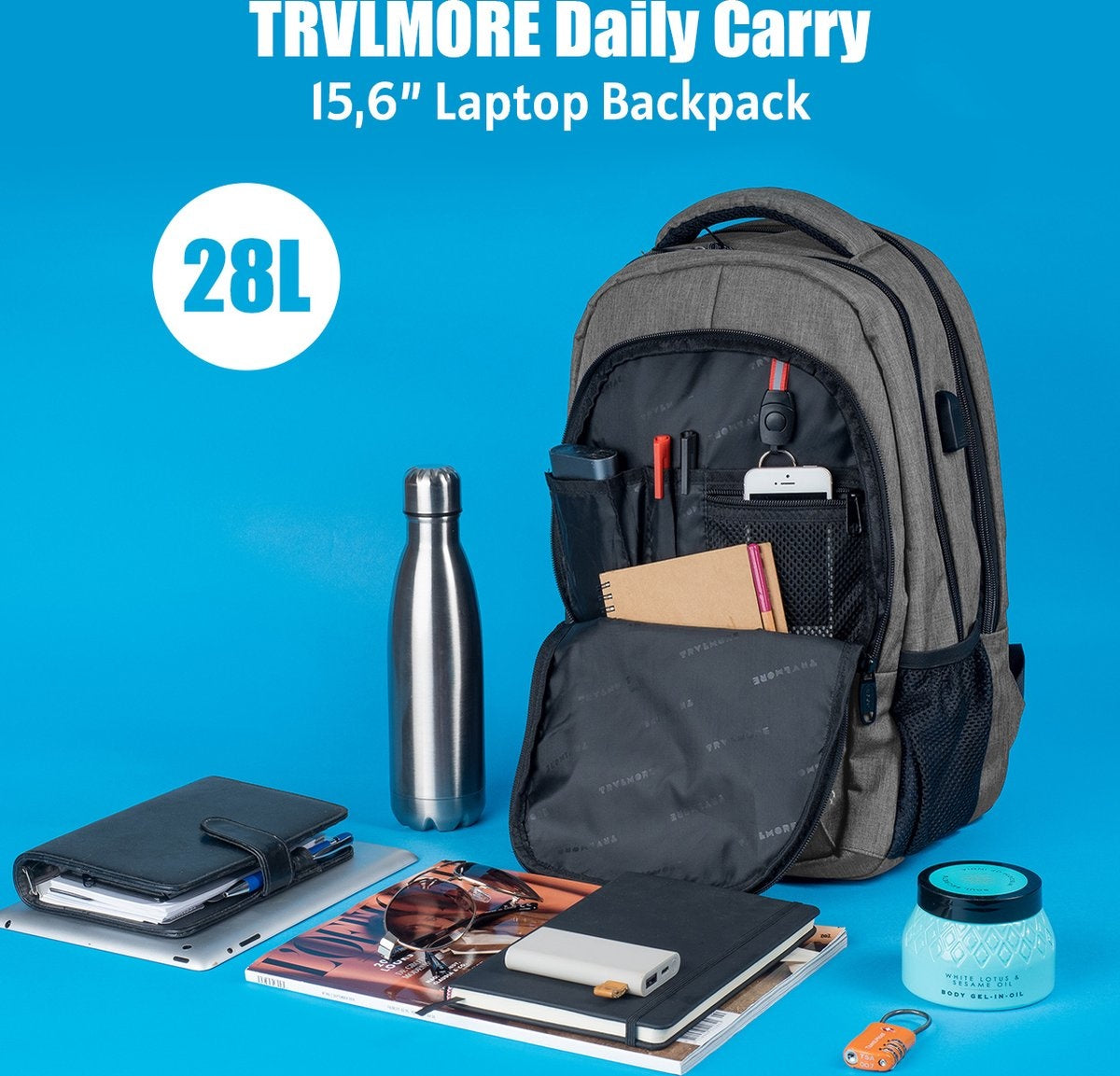 TRVLMORE Rugzak - 25L - 15,6 inch - Laptop Rugtas - Schooltas - Unisex - Spatwaterdicht Grijs
