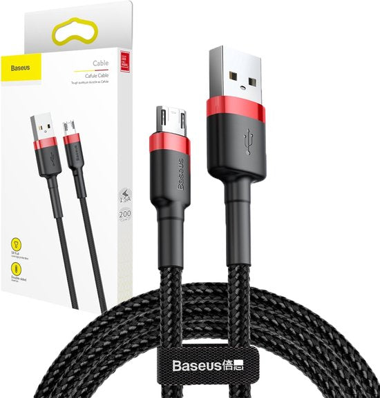 Baseus - Universele USB naar Micro USB kabel - Geschikt voor o.a. Samsung en andere apparaten - 2 Meter - 1.5A - Zwart/Rood
