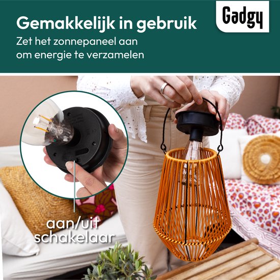 Gadgy Solar Tuinverlichting Rattan Bruin - Tuinverlichting op Zonne Energie - Solar Tafellamp met USB-aansluiting - Buitenlamp Tuinbeeld - Tuinlantaarn met Dag/Nacht Sensor - Verlichting voor Buiten - Lantaarn Tuin
