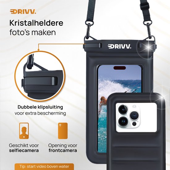 Drivv. Luxe Waterdicht Telefoonhoesje – Drijvend - Dubbele Klipsluiting - Extra Sponge - Telefoons tot 6.8 inch – Onderwater Hoesje Telefoon - Zwart