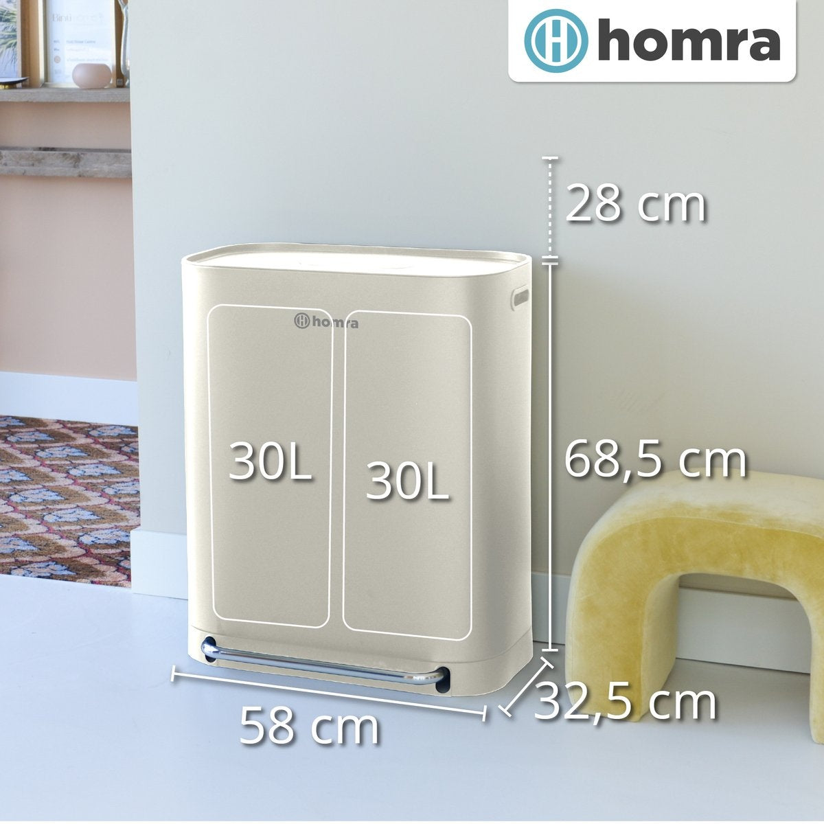 Homra Rockx Prullenbak 60 Liter - Duo Pedaalemmer 2X30L met Geurfilter - RVS - Wit Creme - 33X58X69CM