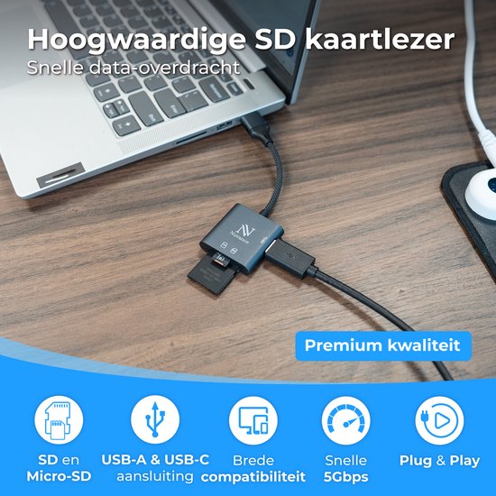 Nuvance SD Kaart Lezer - SD Card Reader - 3 in 1 - SD Kaartlezer - USB C & USB A - Micro SD Kaart Lezer - TF kaart