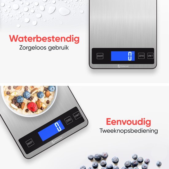 Kitchenwell Digitale Precisie Keukenweegschaal – Weegschaal Keuken - 1gr - 10kg – Tarra Functie - Grijs
