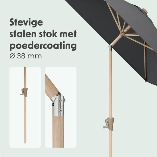 LifeGoods Parasol - Tuin - 270x180cm - 30° Kantelbaar - Waterdicht - UPF50+ - Houtkleurige coating - Donkergrijs