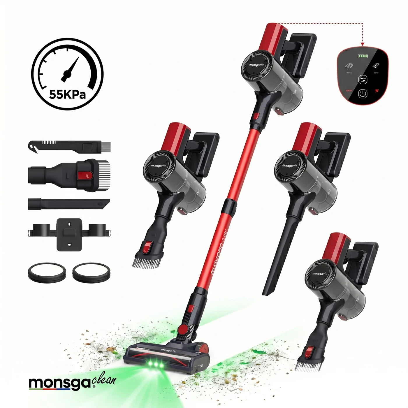 MonsgaClean M100 Draadloze Stofzuiger - Rood - 55.000 Pa - 45 min - 1,8 L - Touchscreen - Anti-klit - Groene LED