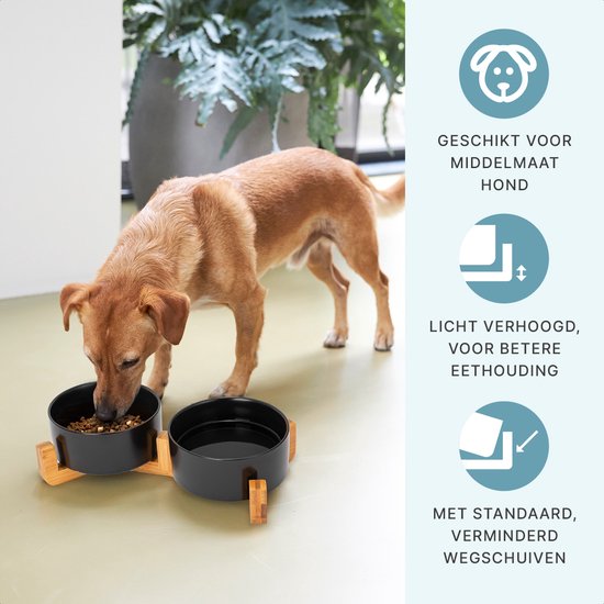 Voerbak Hond - Drinkbak - Met Standaard - 2x 800 ml - Maat M - Zwart