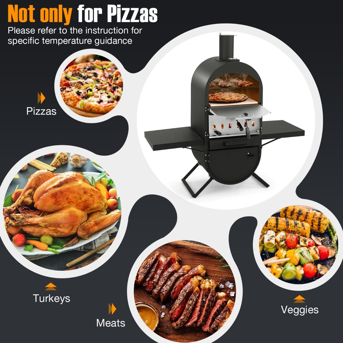 Coast Houtgestookte Pizzaoven voor Buiten - Zwart - 98 x 31 x 98 cm - Inclusief Pizzasteen, Pizzaschep en Beschermhoes