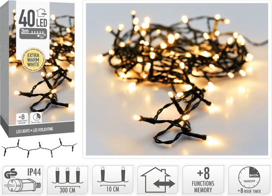Kerstverlichting 40 led- 3m - extra warm wit - Timer - Lichtfuncties - Geheugen - Buiten-Binnen
