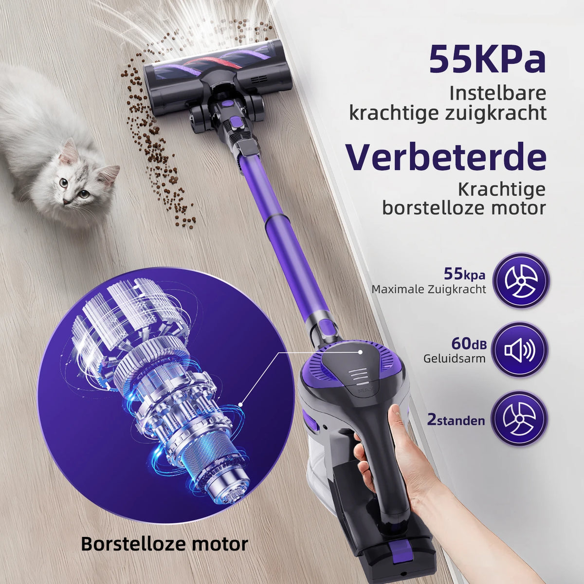 Daynee H75 Draadloze Stofzuiger - 55.000 Pa Zuigkracht - Paars - HEPA Filtratie - Slang en Huisdierborstel - 44x30x19 cm