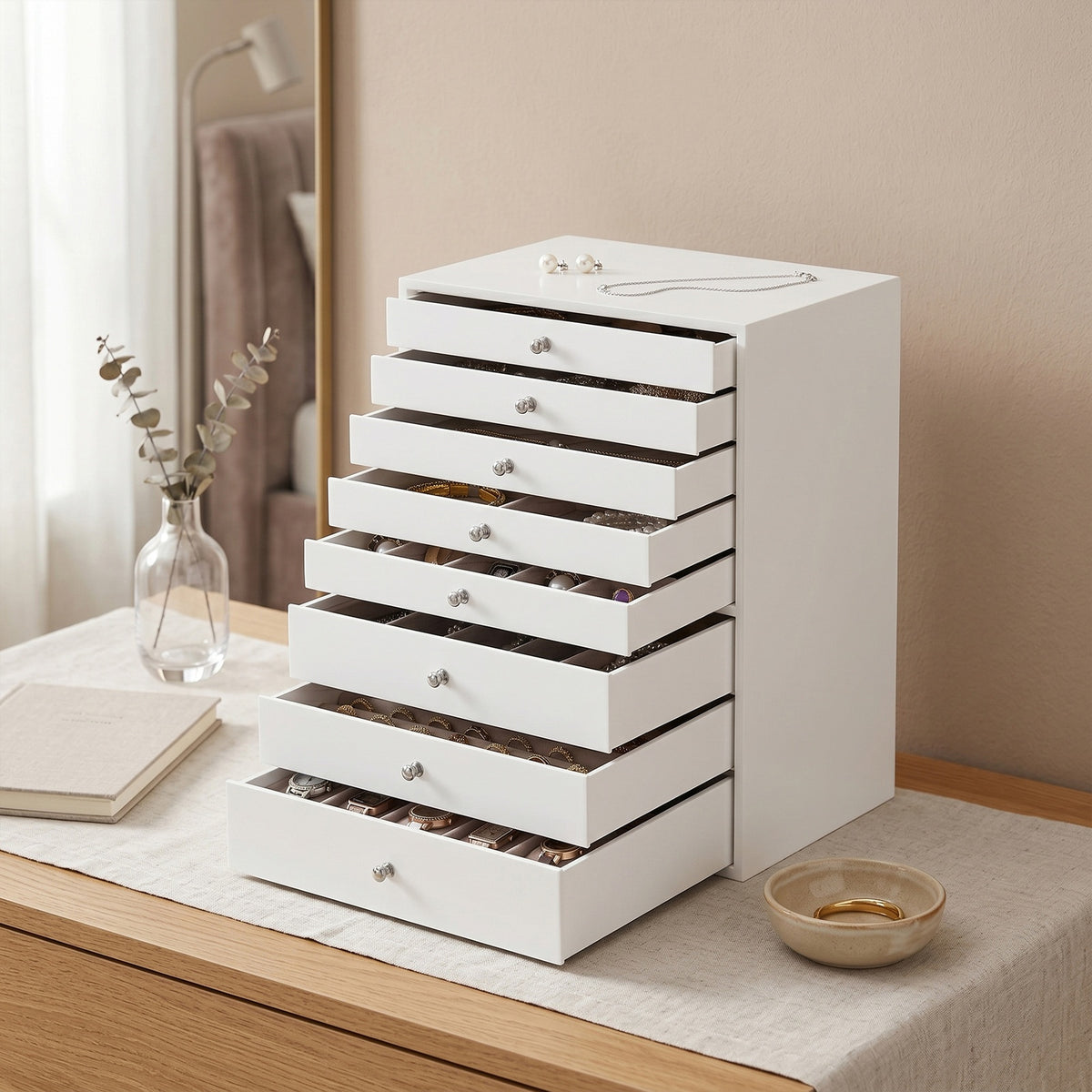 JOYFURNOS Sieradendienblad met Lades, 8-Laags Opbergdoos, Grote Capaciteit, Moderne Cadeau-idee, voor Slaapkamer, Wit