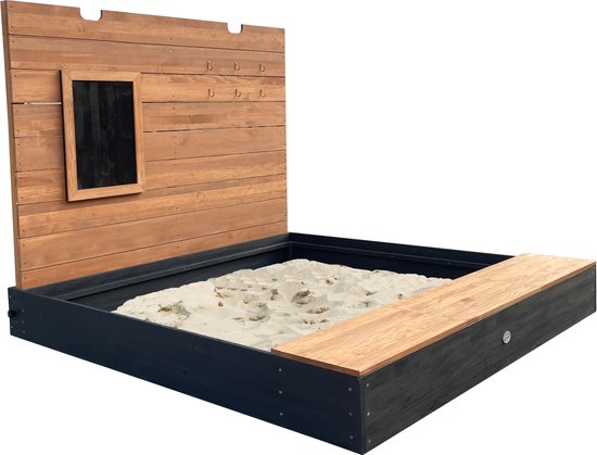 AXI Mandy Zandbak XXL met Opbergruimte en Deksel - Met Bankje en Krijtbord - Inclusief Gronddoek - 160 x 151 cm - Antraciet/Bruin