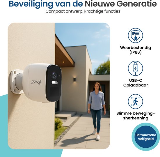 Gologi Draadloze Beveiligingscamera voor Buiten en Binnen - Bewakingscamera met Accu 5200 mAh - USB-C Oplaadbaar - Nachtzicht - Bewegingsdetectie - Magnetische Montage - 4MP HD Camera WiFi met App - Beveiligingscamera - Wit