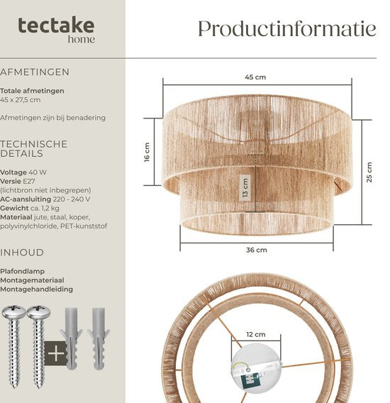 tectake® Plafondlamp Boho stijl- Hanglamp met lampenkap van jute - 40W
