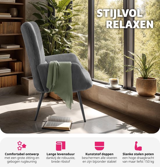 tectake® Oorfauteuil in Scandinavische stijl - Corduroy Hygge - Stoel voor woonkamer, slaapkamer - Loungefauteuil - Zwart metalen poten - Draagvermogen tot 150 kg - Grijs