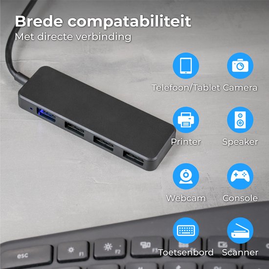 Nuvance - USB 3.0 Hub - 4 Poorten - Inclusief USB C Converter - USB Splitter - Zwart