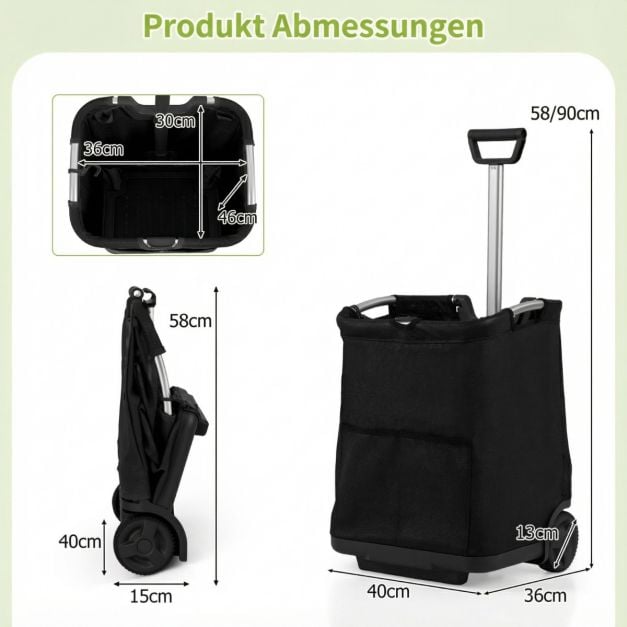 Coast Boodschappentrolley Zwart – Opvouwbare 50L Winkelwagen met 3 Vakken en Verstelbare Handgreep – 40 x 36 x 58/90 cm