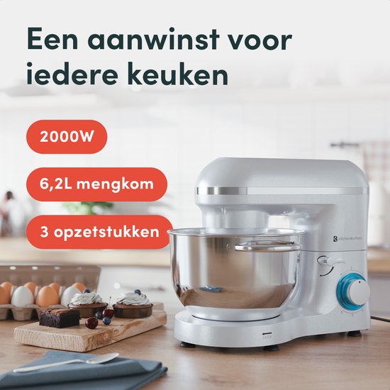 KitchenBrothers Keukenmachine - Keukenrobot - 6,2L - Mixer met Mengkom - Keukenmixer - 2000W - Parelwit