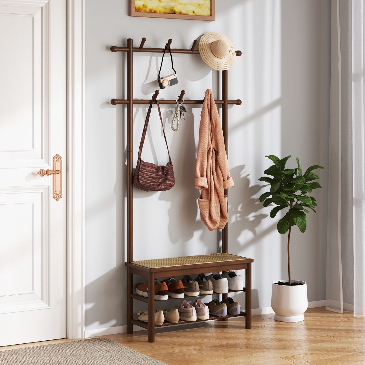 Coast Bamboe Kapstok met Bankje - Schoenenrek - PE-rotan Zitting - Bruin & Naturel - 71 x 30 x 169,5 cm