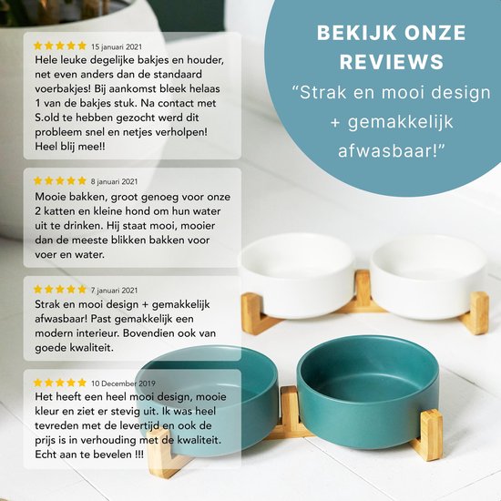 Voerbak Hond - Drinkbak - Met Bamboe Standaard - 2x 800 ml - Maat M - Wit Mat