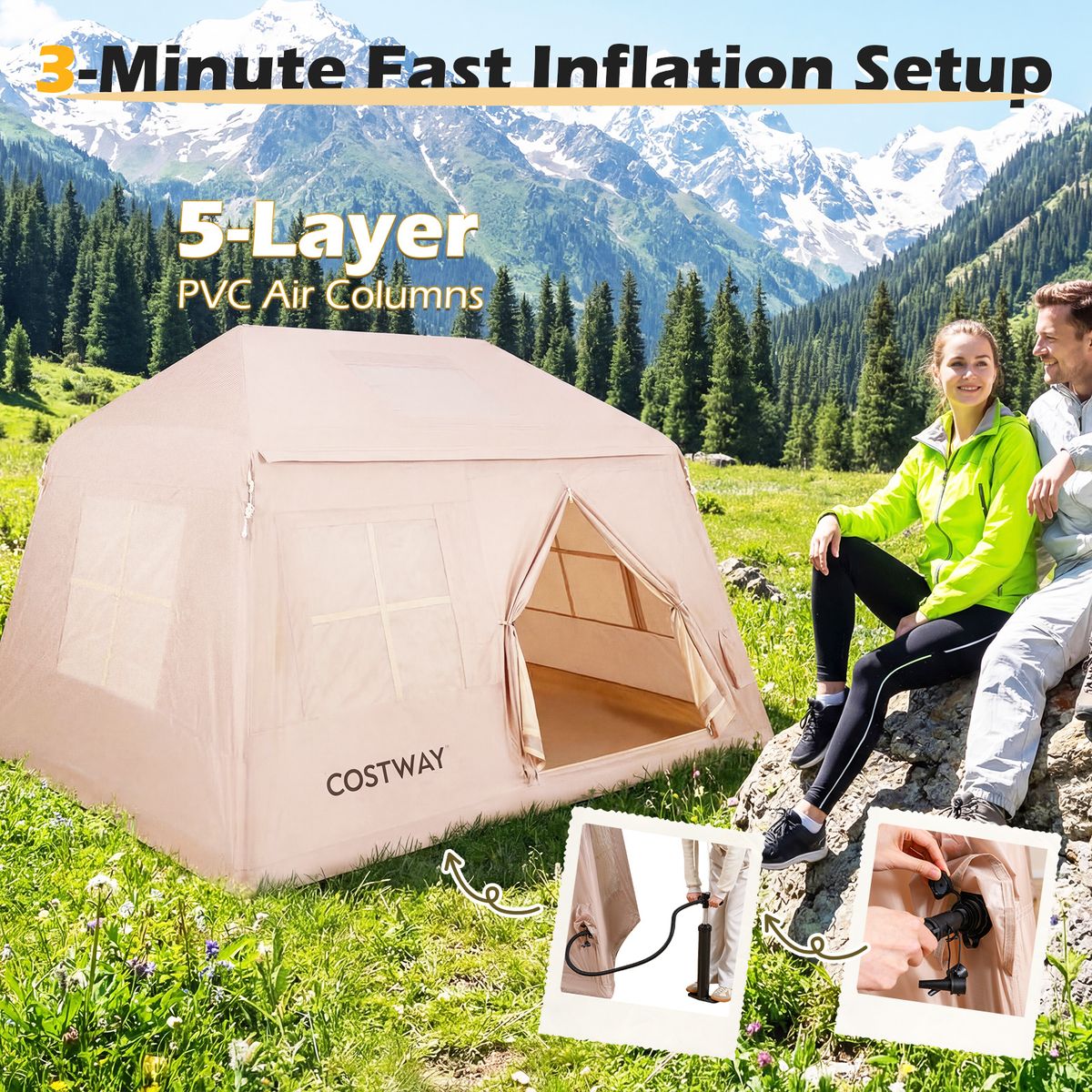Coast Opblaasbare Campingtent - geschikt voor 4-6 personen - snel op te zetten - khaki 253 x 213 x 183 cm