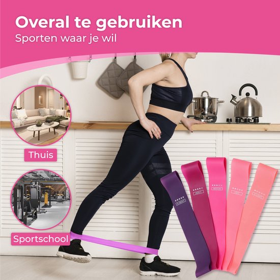 Nuvance - Weerstandsbanden Set Incl. Draagtas - 5 Delige Set - Resistance Band - Fitness Elastiek - Incl. eBook - Roze