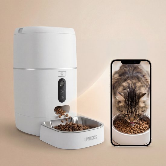 Princess Automatische Voerbak - HD Camera & Smart - 6 Liter – Kat & Hond - App‑Bediening – Geplande Voeding – Roestvrijstalen Kom – Back-up Batterij - Voerautomaat - Voerdispenser - 610065