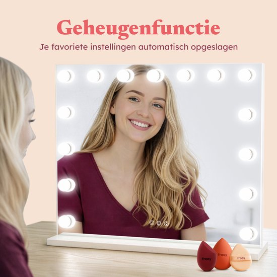 Fraay® Hollywood Spiegel met Verlichting 60x50cm - 3 Lichtstanden - Luxe Make Up Spiegel met 10x Vergrootspiegel - LED Verlichting Dimbaar - Incl. 2 Beauty Blenders en Powder puff