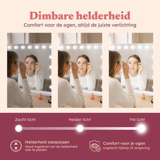 Fraay® Hollywood Spiegel met Verlichting 60x50cm - 3 Lichtstanden - Luxe Make Up Spiegel met 10x Vergrootspiegel - LED Verlichting Dimbaar - Incl. 2 Beauty Blenders en Powder puff