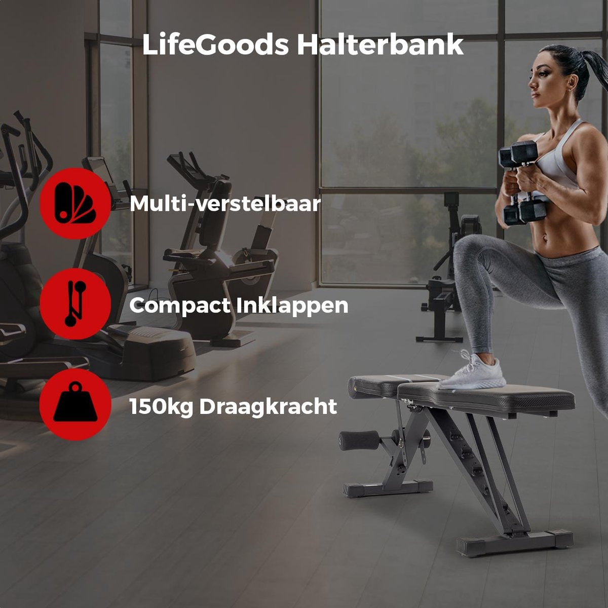 LifeGoods Fitness Halterbank - Fitnessbank - Bench Press - Trainingsbank - Verstelbaar - Inklapbaar - Zwart/Grijs