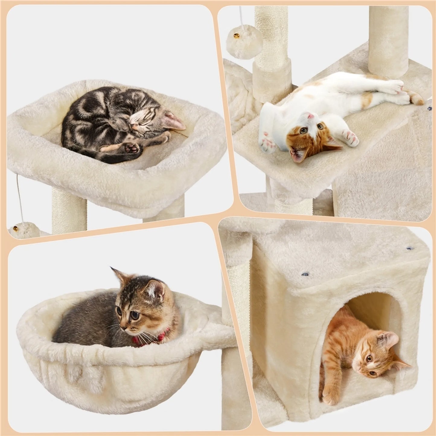 Yaheetech Krabpaal Met 3 Verdiepingen – Voorzien Van Sisalpalen En Kattenmand En Hangmat En Verwijderbare Pluche Bal – Voor Kleine En Middelgrote Katten – Beige Pluche En E1 Spaanplaat – 51 x 34,5 x 87 cm