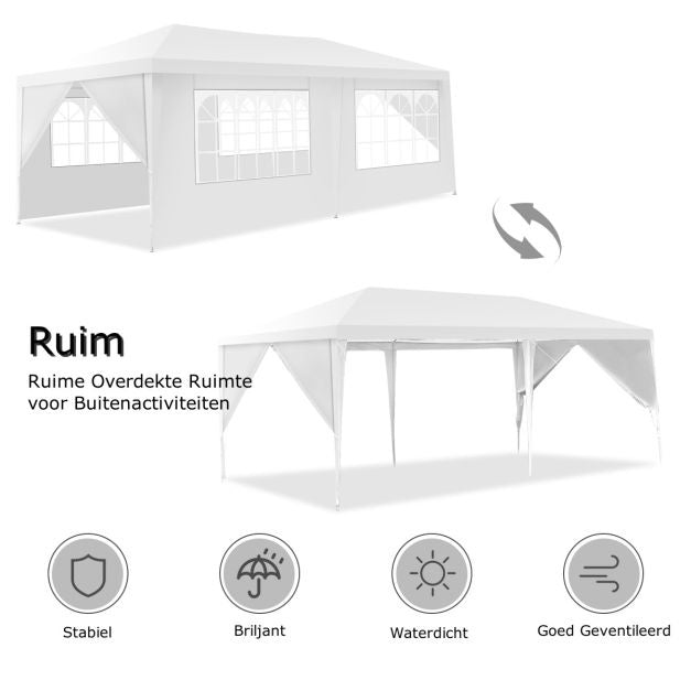Coast Tuinpaviljoen Feesttent - 6 Zijwanden, UV- & Waterdicht, Piekhoogte 2.5m - 6 x 3 x 2.5 m - Staal/PE - Wit