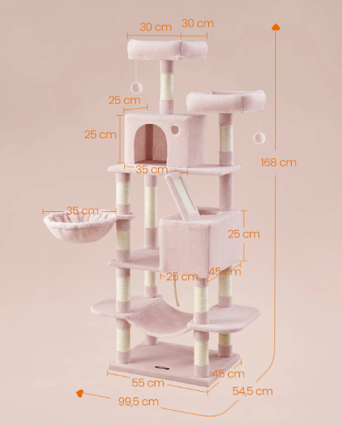 Joyfurnos L Krabpaal 168 cm - Pastelroze - Multi-Level met 13 Krabpalen & Hangmat