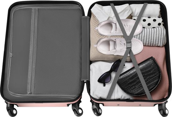 tectake® - 4-delige reiskofferset inclusief koffertrolley en bagageweger, 360° wielen, harde koffer met cijferslot, grote koffer, stapelbaar, trolley handbagage - rosegold