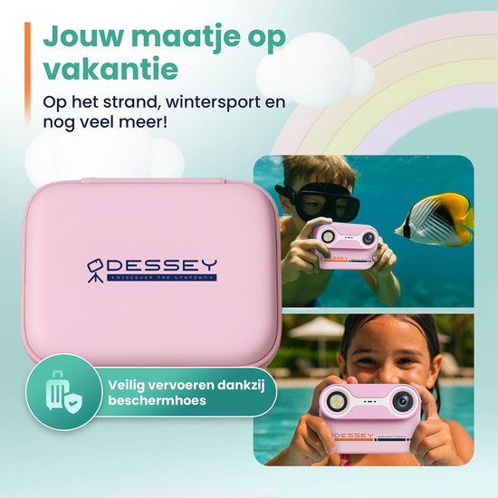 ODESSEY Waterdichte Kindercamera - met Tripod - Full HD - Selfie Camera - 32GB SD Kaart - Foto - Video - Spelletjes - Digitale Camera Kinderen - Fototoestel voor kinderen - Roze