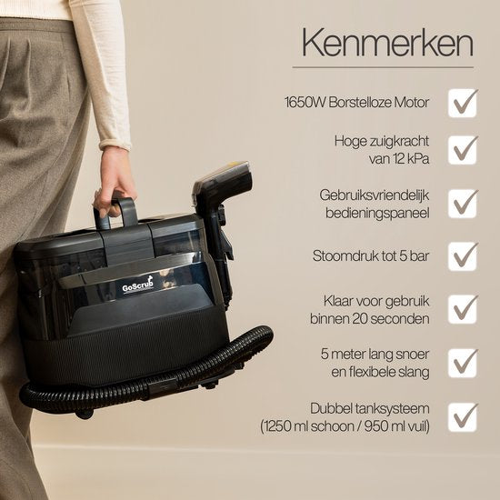 GoScrub® 3-in-1 Tapijtreiniger PRO met Vloermop - Stoomreiniger en Vlekkenreiniger Bank & Tapijt – 100° Stoom – Bankreiniger – Meubelreiniger - Zetelreiniger