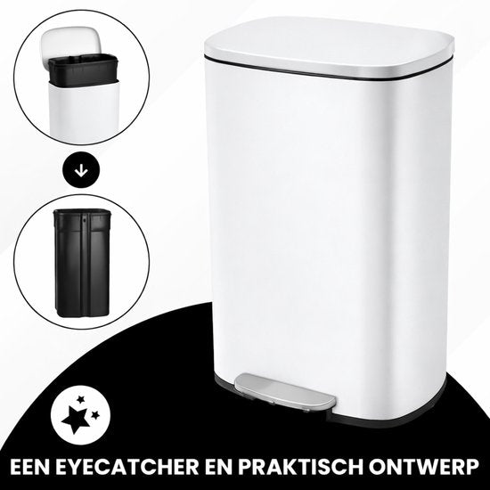 Bayt Prullenbak - Pedaalemmer 50 Liter -Prullenbak 50 Liter - Vuilnisbak 50 Liter - Prullenbak Afvalscheiding - Afvalbak- RVS - Wit