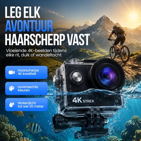 Strex Action Camera 4K 30MP - Tot 30 meter Waterdicht, EIS Stabilisatie & WiFi App - Waterdichte 60FPS Onderwatercamera - Bodycam - Actie camera