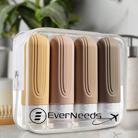 EverNeeds Reisflesjes Met Etui - Navulbaar - Siliconen Reisflesjes Handbagage - Licht Apricot - 4 Stuks