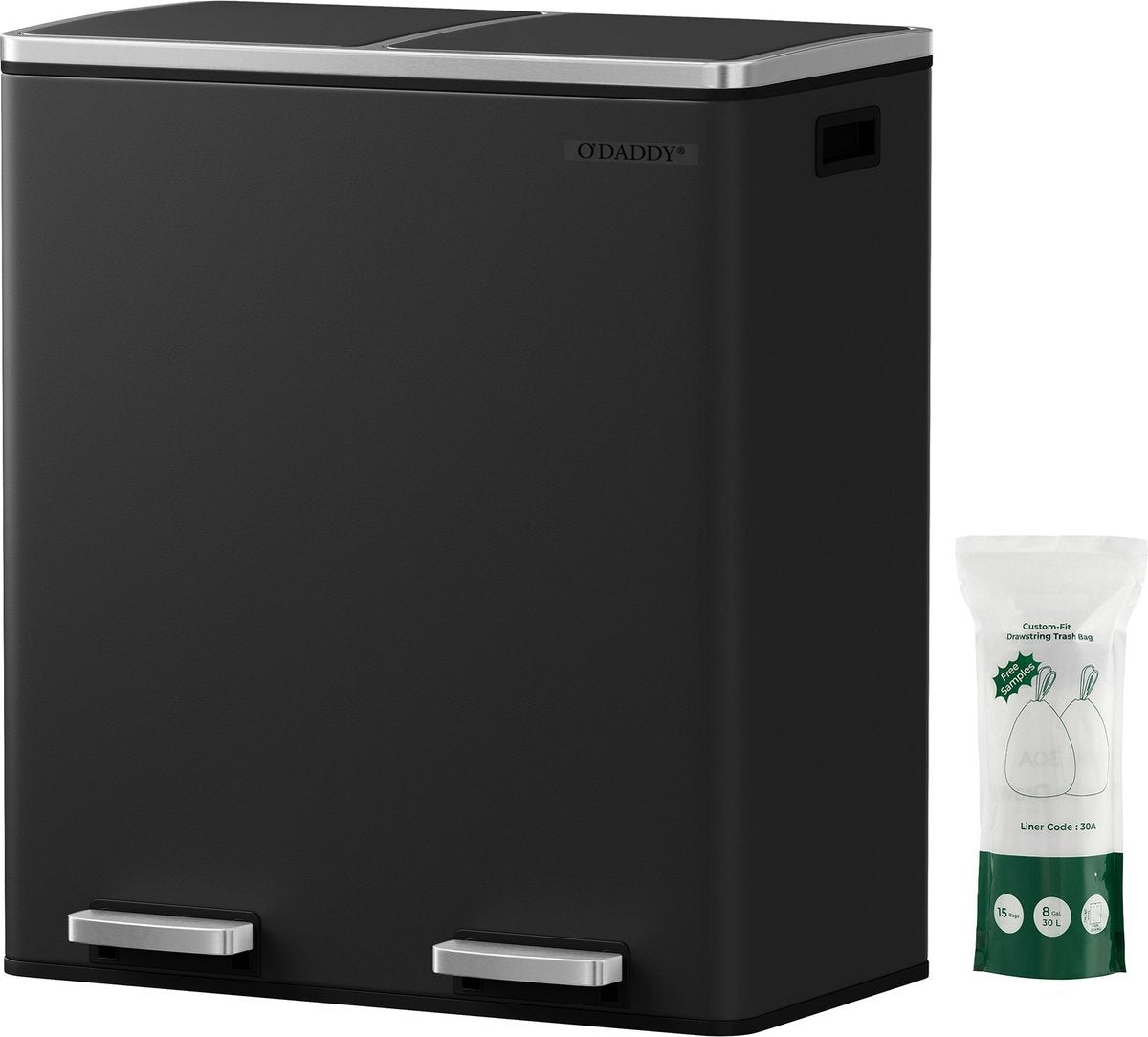 O'DADDY® Prullenbak - Afvalemmer – Duo Bin – 60L – Soft-close – 58,6 x 32 x 65 cm – 2 Binnenemmers – Inclusief 15 Afvalzakken – Elegant Zwart