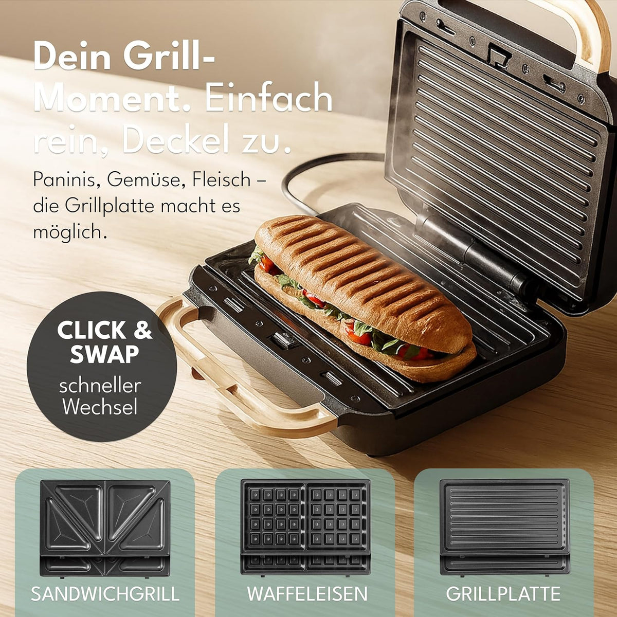 Lebenlang Sandwich maker 3-in-1 - 23.9 × 23 × 12.2 cm - 750 W - Zwart - Sandwich • Wafel • Grill