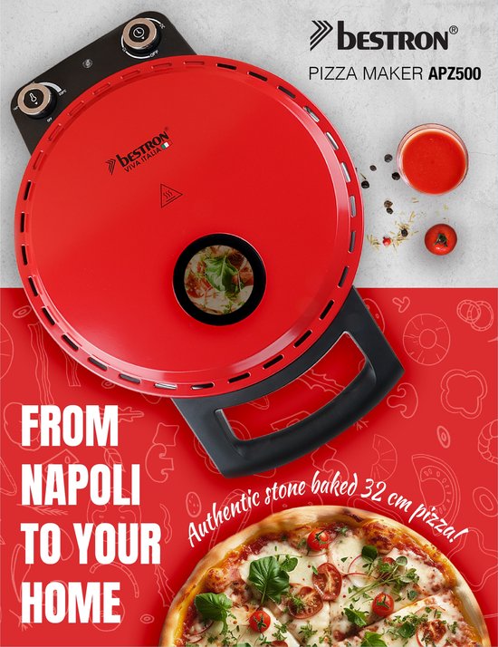 Bestron Turbo Pizzaoven voor pizza's in 5-10 minuten, elektrische pizzaoven met echte maximumtemperatuur van 320°C, inclusief pizzasteen en 2 grote houten spatels, Viva Italia, kleur: Rood