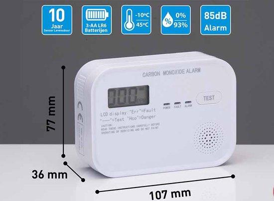 Grundig CO Melder - Koolmonoxidemelder 10 Jaar Batterij - Co Meter met LCD Scherm, Laag Batterij Niveau Alarm en Sensorfout Alarm - Co2 Melder 85dB Alarm - Wandmontage - Wit