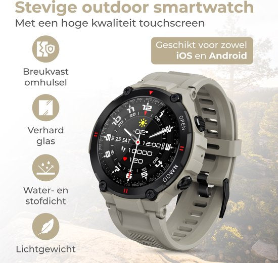 Nuvance - Outdoor Smartwatch - IP67 Waterdicht - Bluetooth Smartwatch voor Dames en Heren - Smartwatches - Sporthorloge met Stappenteller, Calorie Teller, Slaap meter - Geschikt voor alle Smartphones - Grijs