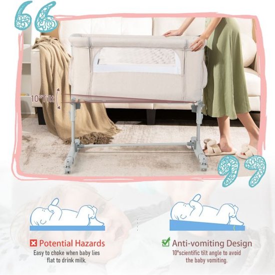 3-in-1 Baby Wiegje met 5-Standen Verstelbare Hoogte 10° Kanteling Draagbaar Wiegje voor Baby & Kind Beige/Grijs/Lichtgrijs