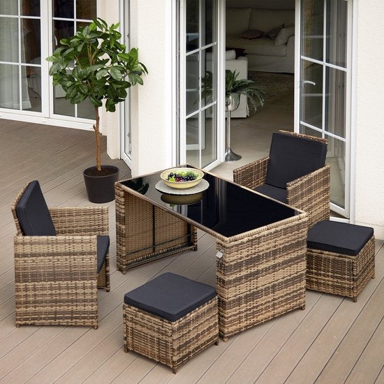 tectake® - wicker zitgroep, 5-delige lounge tuinmeubelset met tafel, fauteuil en kruk, eetgroep voor maximaal 4 personen, tuin- en balkonmeubilair inclusief kussens – grijs - poly-rattan