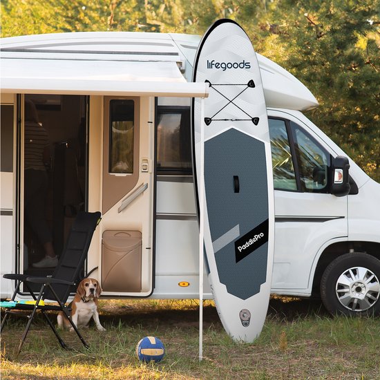 LifeGoods SUP Board Allround Compact - Met Zitje - 100 KG Draagkracht - 300 x 76 cm - Opblaasbaar - Compleet SUP pakket - Zwart/Wit