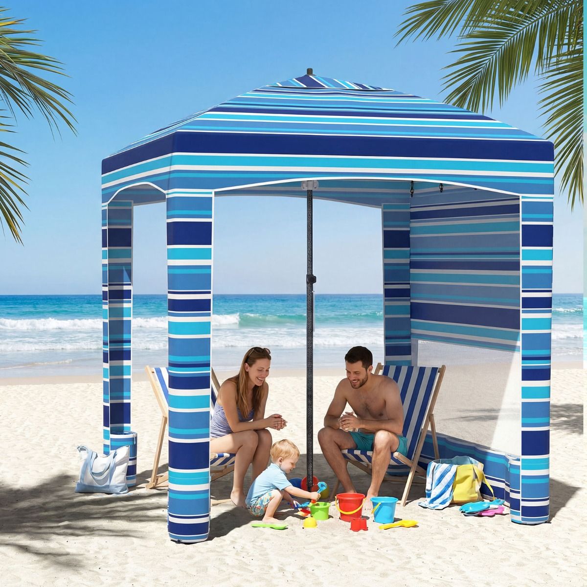 Coast Strandtent - met zijwand - verstelbare hoogte - marineblauw/roze - 185 x 185 cm